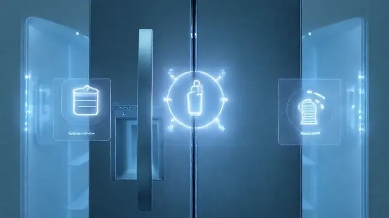 Render artístico mostrando os recursos e funções de uma geladeira moderna, com ícones digitais para conectividade e outras tecnologias.