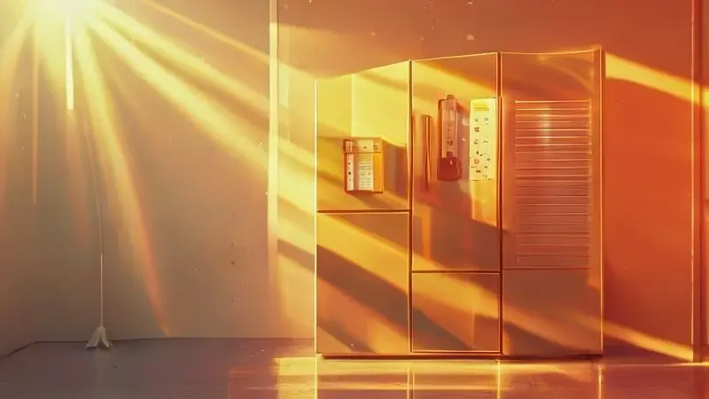 Ilustração conceitual de geladeira sob estresse térmico em ambiente quente com incidência de luz solar