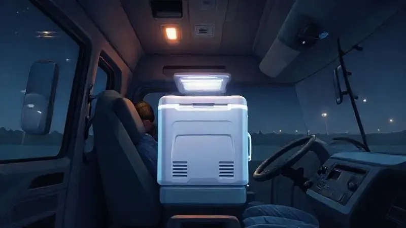 Ilustração 3D de uma geladeira automotiva instalada na cabine de um caminhão, representando conforto e conveniência.