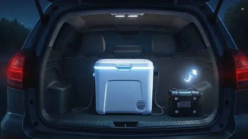 Renderização de uma geladeira automotiva ligada no porta-malas de um carro, simbolizando uso contínuo e gestão de bateria.