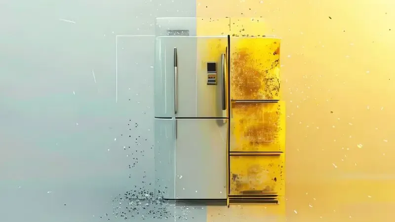Ilustração comparativa de geladeira branca nova versus amarelada pelo tempo