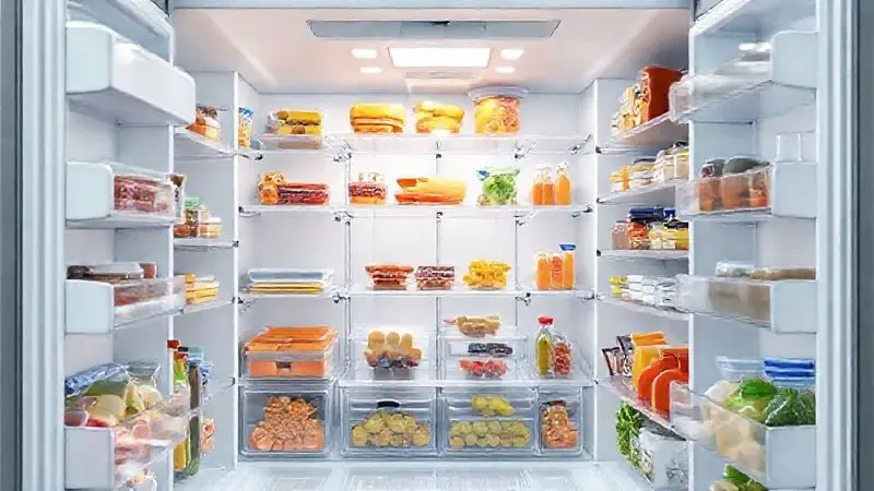 Interior de geladeira moderna com prateleiras flexíveis e grande capacidade de armazenamento de alimentos organizados.