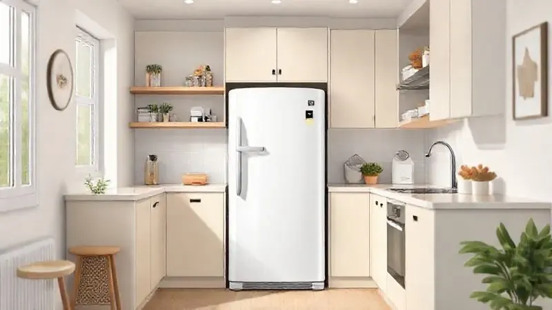 Ilustração de uma geladeira compacta branca embutida em uma cozinha planejada pequena, otimizando o espaço.