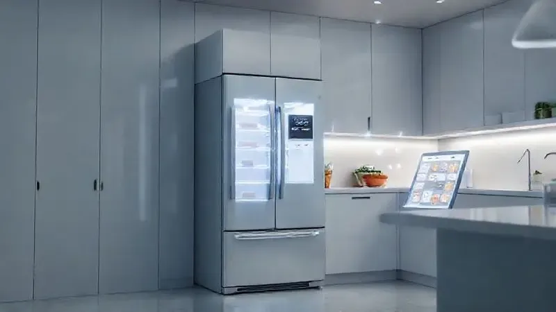 Ilustração 3D conceitual de geladeira conectada a uma tela digital em uma cozinha inteligente e futurista.