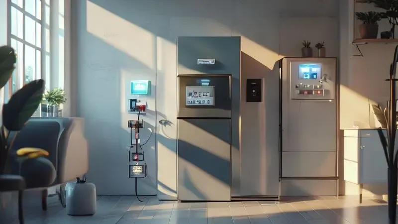 Ilustração conceitual mostrando uma geladeira conectada a um transformador para proteção elétrica em ambiente residencial.