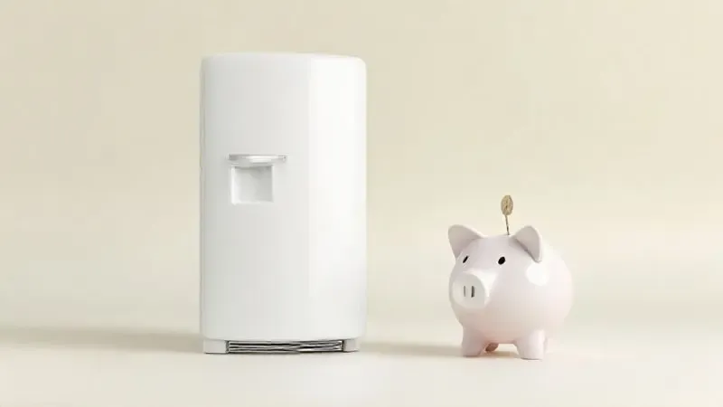 Ilustração 3D de um cofrinho ao lado de uma geladeira, representando a economia de energia dos modelos Esmaltec.