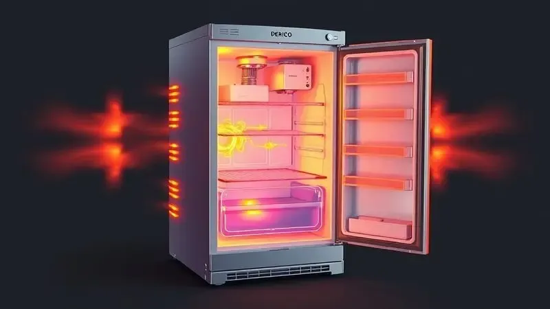 Visualização conceitual da dissipação de calor da geladeira mostrando áreas quentes nas laterais
