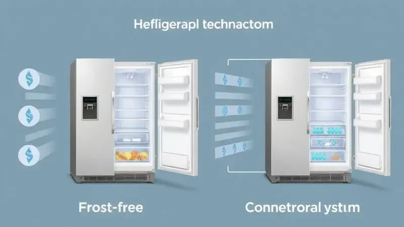 Ilustração conceitual comparando tecnologias de geladeira frost free e convencional, mostrando diferenças nos sistemas.
