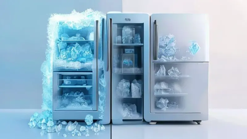 Ilustração comparativa mostrando diferenças entre geladeira frost free e sistema de degelo manual tradicional