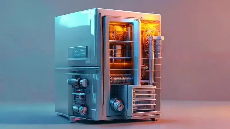 Ilustração do sistema de refrigeração interno de uma geladeira com componentes destacados