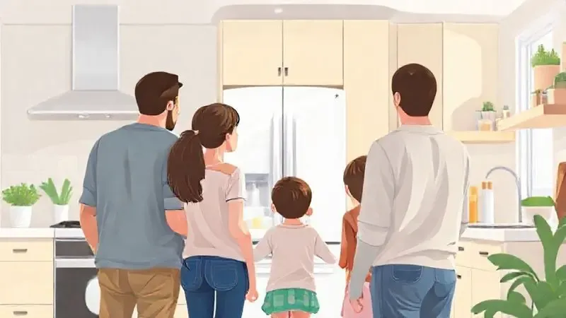 Ilustração de uma família feliz em uma cozinha moderna, representando a decisão de compra e o custo-benefício de uma geladeira Panasonic.
