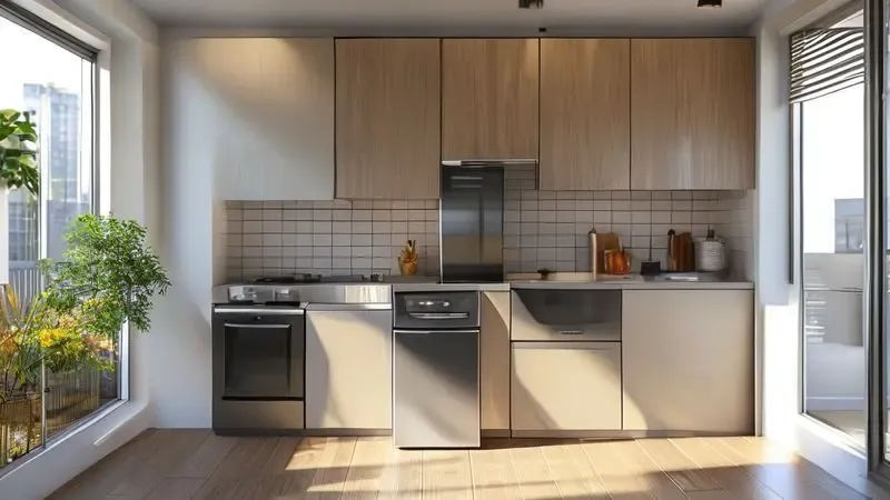 Ilustração conceitual de cozinha pequena com geladeira compacta integrada, mostrando otimização de espaço para solteiros ou famílias pequenas.