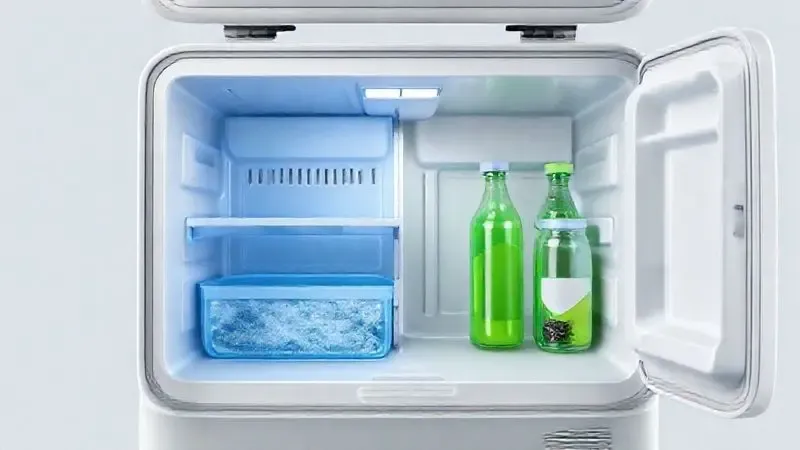 Render conceitual mostrando o interior de uma geladeira portátil com divisórias, destacando a organização de alimentos e bebidas.