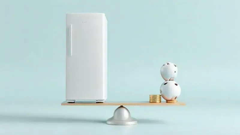Ilustração 3D de uma geladeira em uma balança com um cofrinho, representando a análise de preços e o bom custo-benefício do eletrodoméstico.