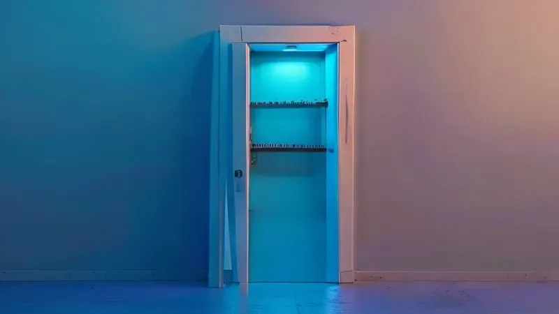 Representação ilustrativa de geladeira presa na porta com fita métrica mostrando falta de espaço