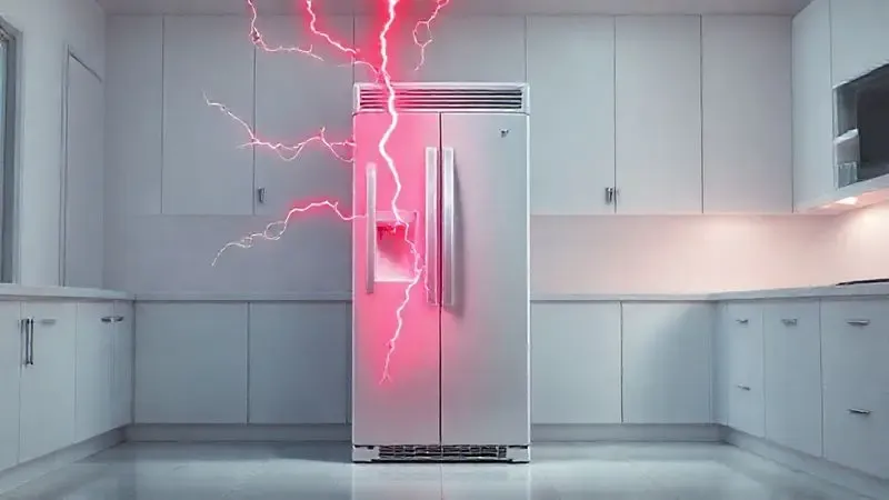 Renderização conceitual de picos de energia elétrica se aproximando de uma geladeira em uma cozinha.