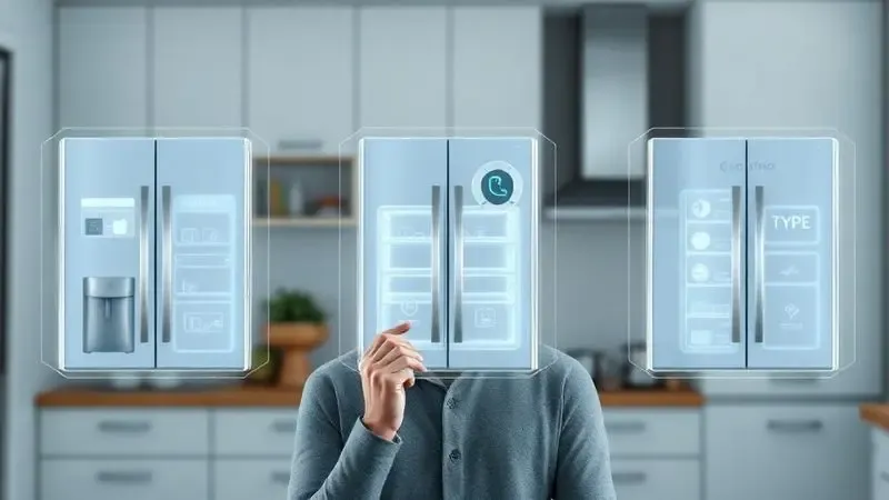 Ilustração digital de uma pessoa analisando dados holográficos para escolher a melhor geladeira com base em capacidade e eficiência.