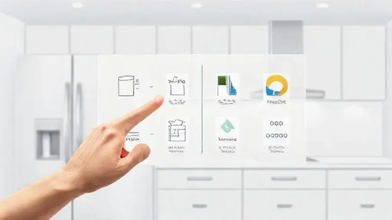 Ilustração de uma mão analisando um painel de métricas conceituais para auxiliar na escolha da geladeira inverter ideal.