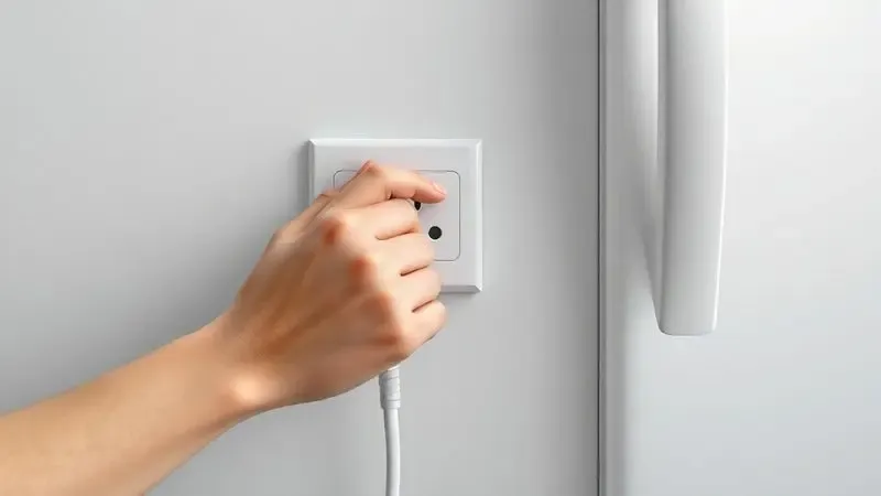 Mão desconectando cabo de energia da geladeira da tomada para realizar hard reset com segurança.