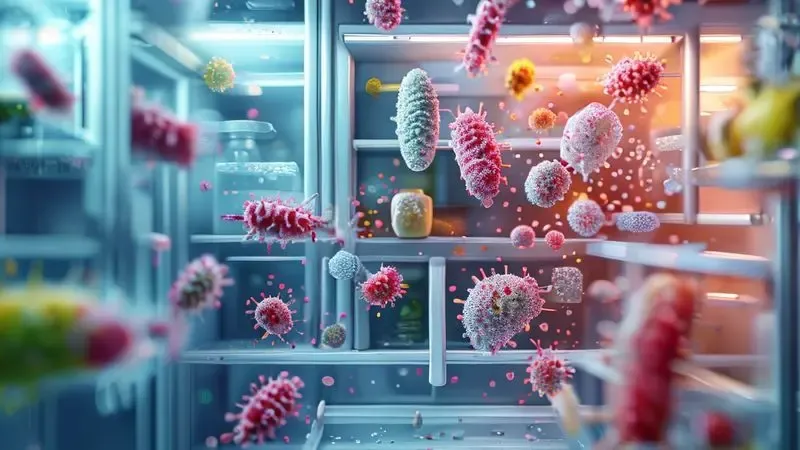 Ilustração conceitual da eliminação de bactérias e germes dentro da geladeira para proteção da saúde.