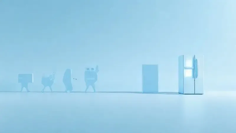 Ilustração conceitual da evolução da tecnologia de eletrodomésticos, representando a história e a inovação da marca Panasonic.