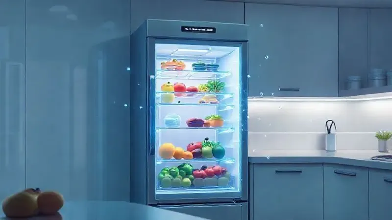 Ilustração de inteligência artificial otimizando a preservação de alimentos dentro de uma geladeira futurista.
