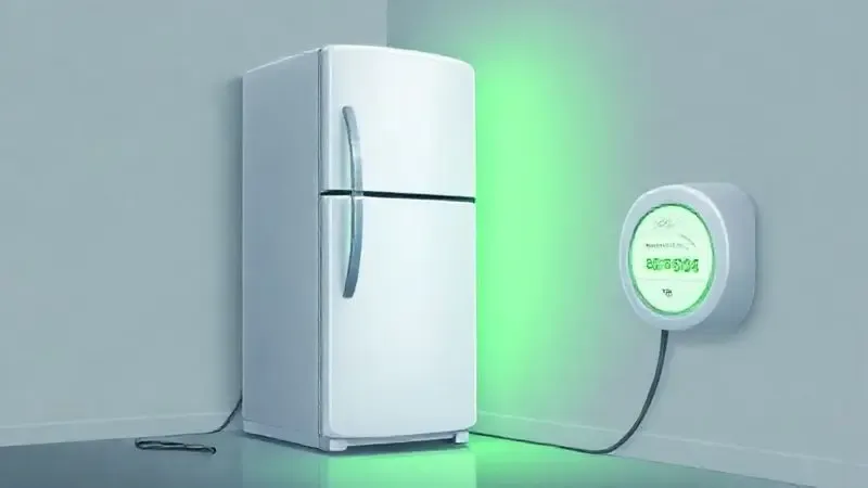 Ilustração conceitual sobre a eficiência energética da geladeira, mostrando baixo consumo de eletricidade e economia.