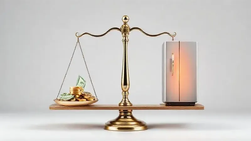 Ilustração digital de uma balança equilibrando dinheiro (custo) e o ícone de uma geladeira moderna (benefício), representando o custo-benefício.