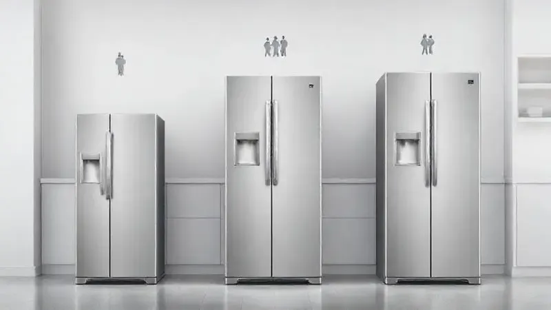 Ilustração mostrando o conceito de diferentes capacidades de geladeiras, para solteiros, casais e famílias grandes.