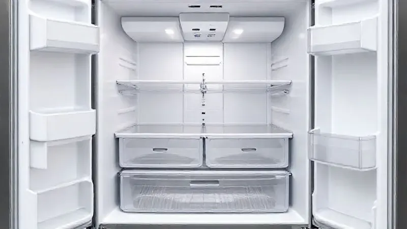 Ilustração 3D conceitual mostrando a organização interna e o layout de uma geladeira French Door.