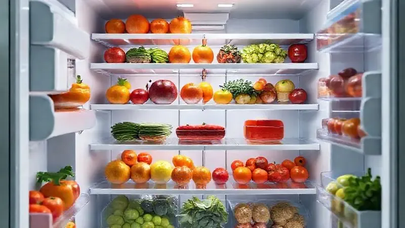 Ilustração 3D realista de um interior de geladeira com amplo espaço e alimentos frescos, destacando a organização e conservação.