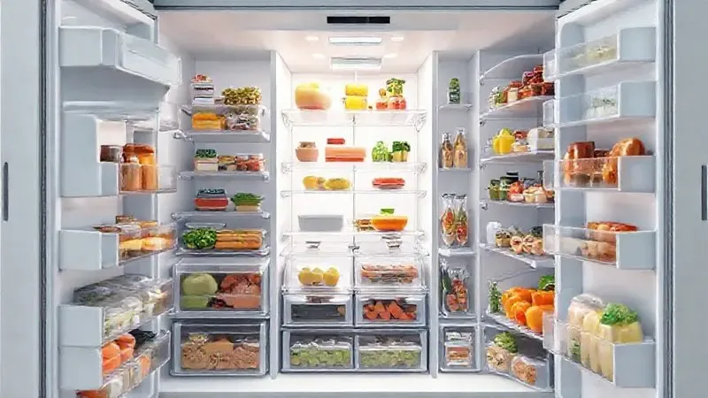 Ilustração digital 3D de interior de geladeira com amplo espaço e organização inteligente de alimentos frescos.