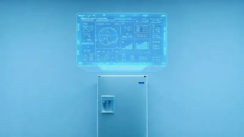 Ilustração digital de tela holográfica exibindo dados técnicos e especificações de um eletrodoméstico, representando a ficha técnica.