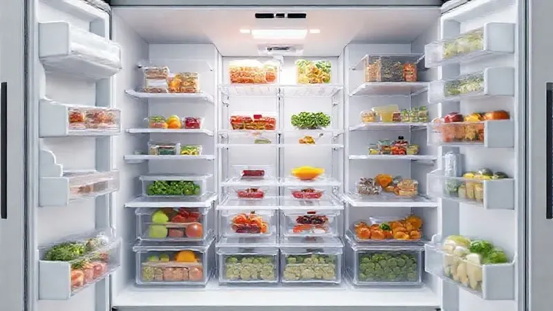 Ilustração 3D conceitual do interior de uma geladeira organizada, destacando prateleiras flexíveis e grande espaço de armazenamento.