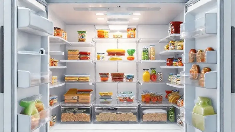 Ilustração de um interior de geladeira bem organizado, destacando o aproveitamento de espaço e capacidade de armazenamento.