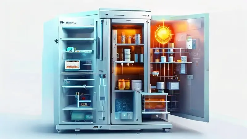 Ilustração conceitual do sistema de regulação de temperatura de uma geladeira e localização do termostato