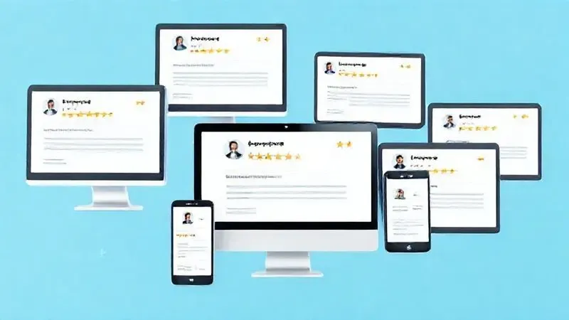 Ilustração de telas de computador e celular reunindo diversas opiniões de usuários e reviews online, simbolizando pesquisa de produto.
