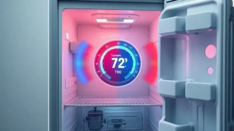 Ilustração conceitual do sistema de controle de temperatura dentro de uma geladeira, mostrando zonas frias e quentes.