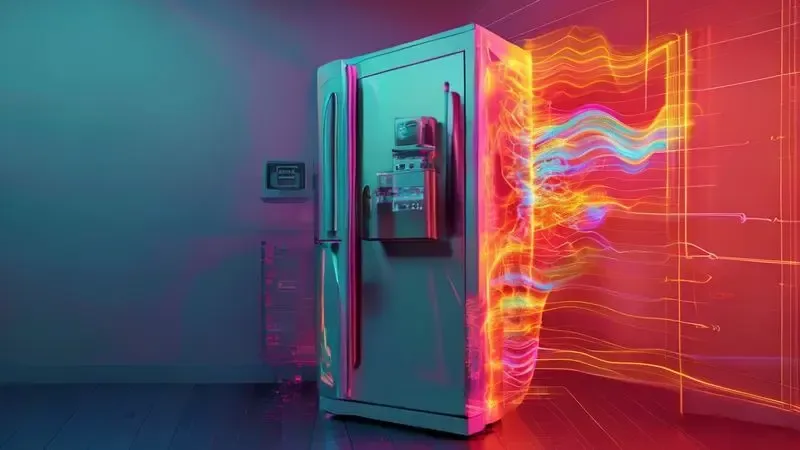 Visualização conceitual do vazamento de energia em porta de geladeira desalinhada