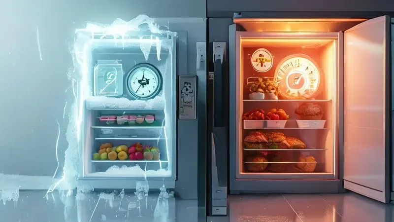 Comparação entre freezer limpo e freezer com acúmulo de gelo, mostrando impacto na eficiência energética e segurança alimentar.