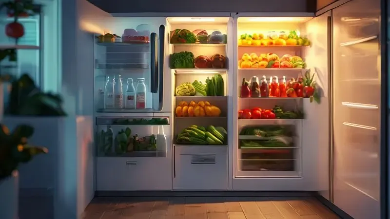 Interior de geladeira bem iluminado mostrando alimentos organizados e visíveis graças à luz interna adequada