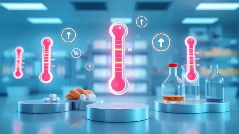 Render 3D mostrando importância do monitoramento de temperatura em setores farmacêutico e alimentício