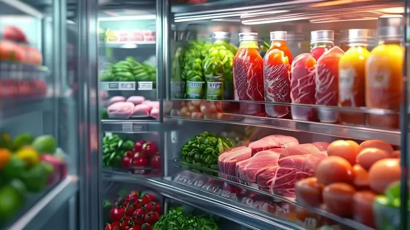 Ilustração conceitual mostrando alimentos sensíveis à temperatura preservados em geladeira comercial ideal