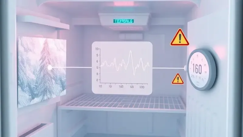 Indicadores visuais conceituais de problemas no termostato da geladeira e sinais de falha