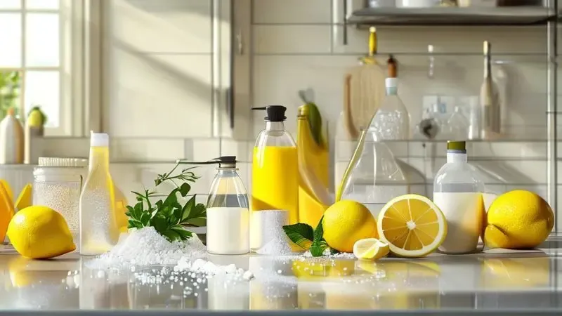 Ilustração conceitual dos ingredientes naturais usados em misturas caseiras para remover amarelamento da geladeira.