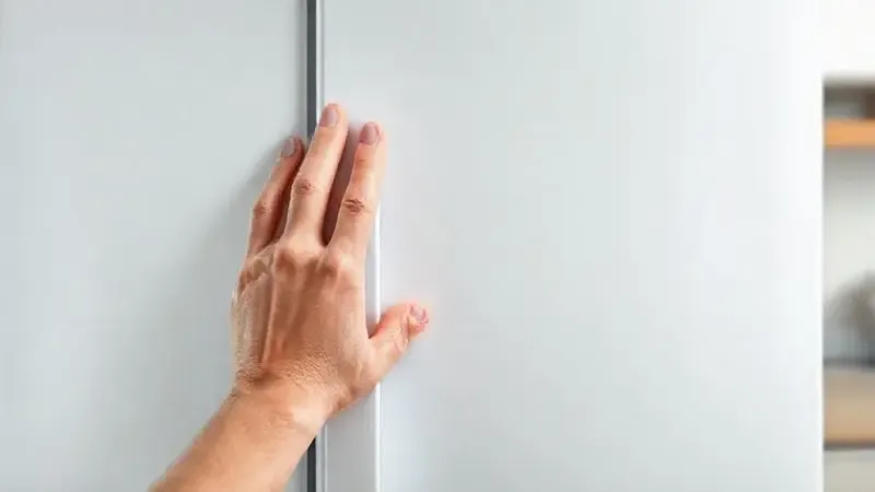 Ilustração 3D de uma pessoa inspecionando a borracha de vedação solta de uma porta de geladeira, avaliando se deve colar ou trocar.