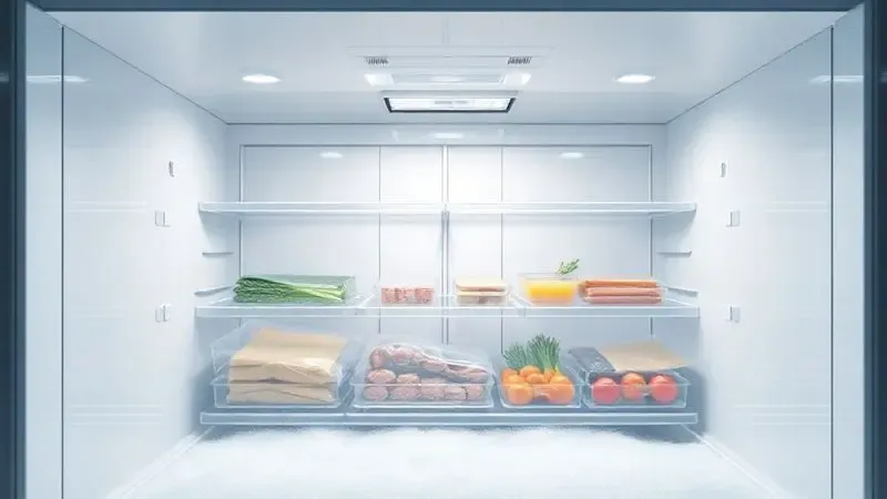 Ilustração 3D do interior de um freezer Frost Free, sem gelo, com alimentos frescos e perfeitamente organizados.
