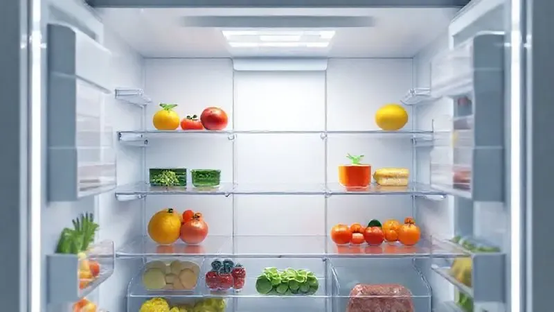 Ilustração do interior de uma geladeira com tecnologia Frost Free, mostrando alimentos frescos e bem organizados nas prateleiras e gavetas.