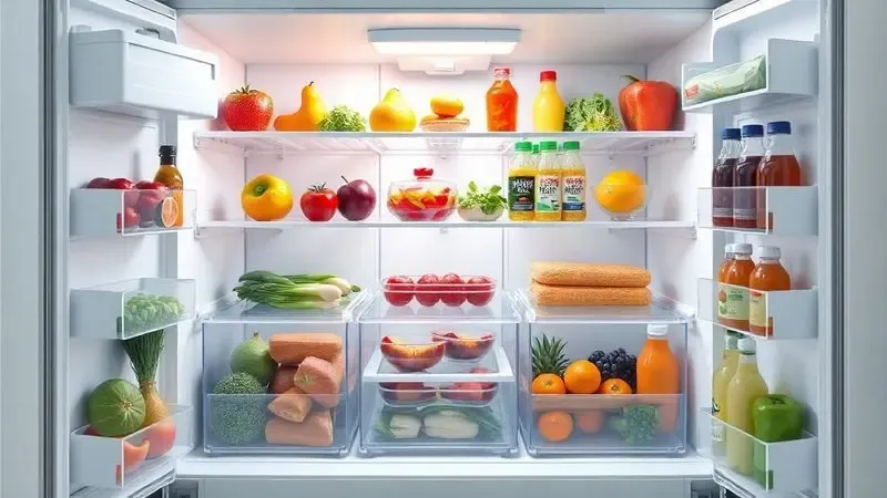 Ilustração do interior de uma geladeira moderna e organizada, cheia de alimentos frescos, representando a capacidade e organização do produto.