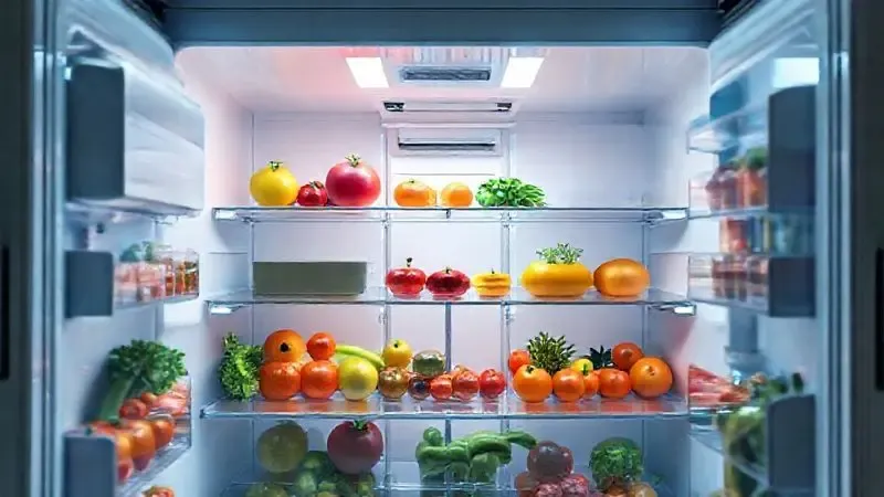 Ilustração conceitual do interior de uma geladeira moderna, destacando a tecnologia de conservação de alimentos frescos e organização interna.